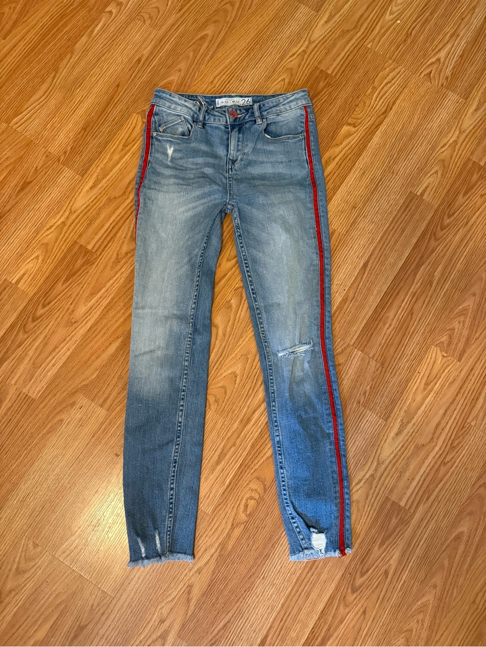 Women’s Light Blue Jeans with Red Side Stripe
